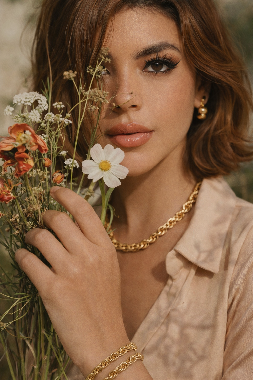 Woman holding flowers with a gold chain necklace and earrings, outdoors.